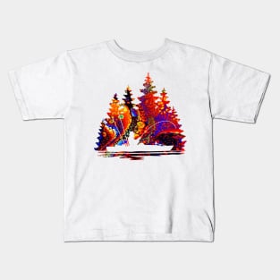 Kayak Fisherman Scene with Marbled Background Kids T-Shirt